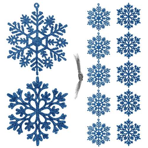 Set of 12 blue glitter snowflake Christmas ornaments