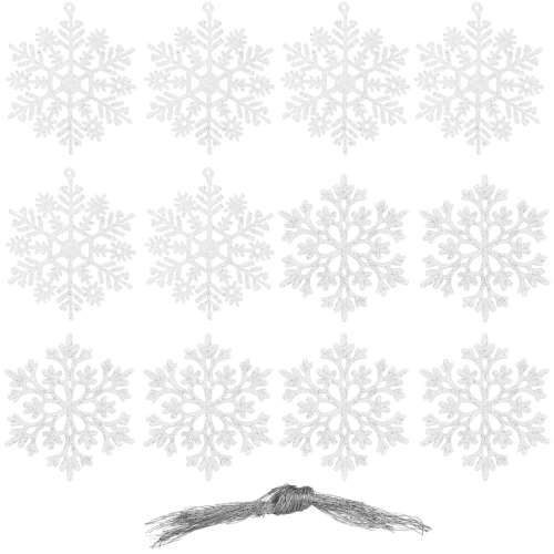 Set decoratiuni pentru brad tip fulg de zapada, 12 bucati, 10 cm, cu snur, alb cu sclipici