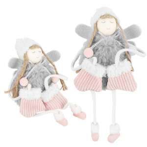Springos Karácsonyi dekoráció "baba angyal" - szürke, két szürke angyal rózsaszín csizmában és fehér sapkában, ülő és álló - Springos