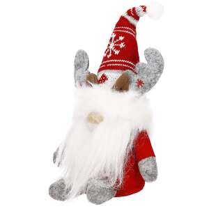 Springos karácsonyi dekoráció gnóm rénszarvas 27cm, piros és szürke, ülő gnóm fehér alapon - Springos