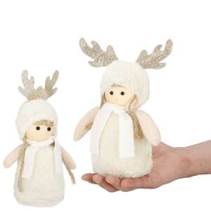 Springos karácsonyi baba, rénszarvas szarvakkal, fehér szőrme, krémszínű sapka, fehér sál, rózsaszín karok, barna haj, 25 cm magas - Springos