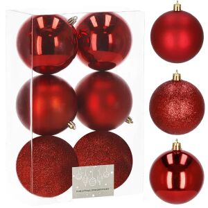 Springos 6 darabos 10 cm-es piros karácsonyfadísz készlet csomagolásban, matt, fényes és csillogó felülettel - Springos