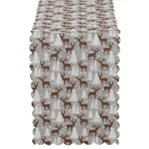 Angled view of Springos grey and white Christmas table runner with reindeer and Christmas tree pattern - Tablecloth