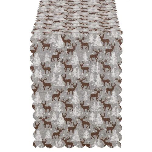 Angled view of Springos grey and white Christmas table runner with reindeer and Christmas tree pattern