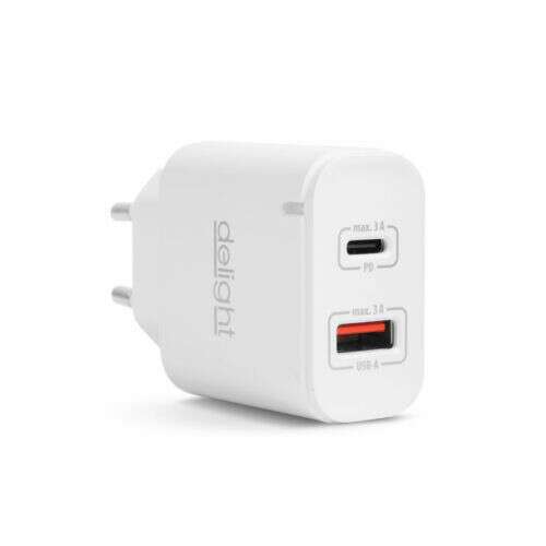 Delight 20W USB-C and USB-A fast charger, white