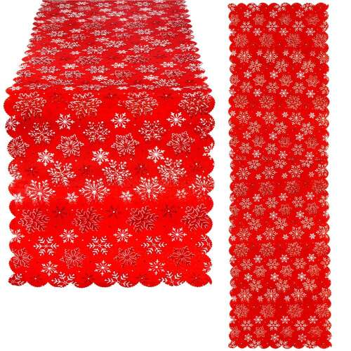 Red table runner with white snowflakes, collage