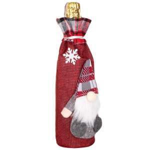 Springos karácsonyi törpe palack dísz, piros-fehér kockás, hópehely mintával - Springos