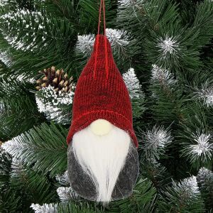 Springos karácsonyi törpe dísz, piros és szürke, karácsonyfára akasztva - Springos