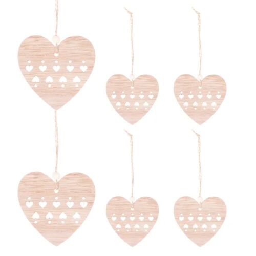 Springos wooden heart ornaments, set of 6, natural wood finish