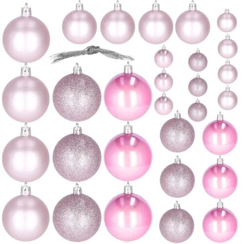 Springos pink Christmas ornaments set, matte, glitter, and shiny finish