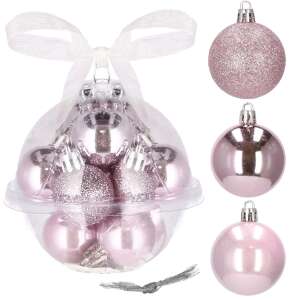 Springos rózsaszín karácsonyfa gömb szett, 12 darab, gyöngyház, csillámos és fényes díszek kollázs - Karácsonyfadísz