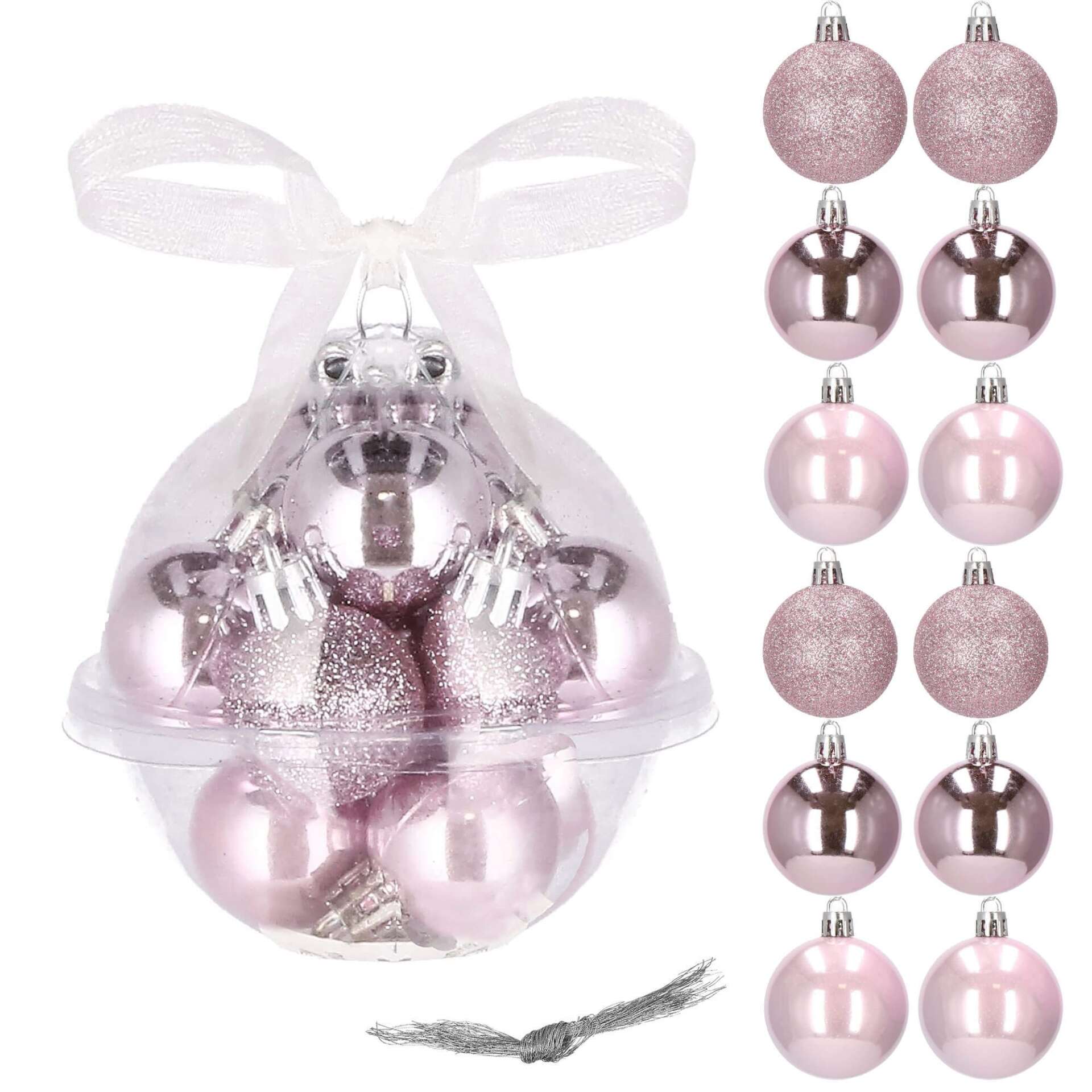 Springos Karácsonyfa gömbök 12 db - rózsaszín