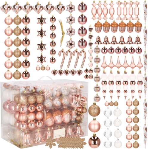 Springos 152-piece rose gold and white Christmas ornament set in box, various shapes