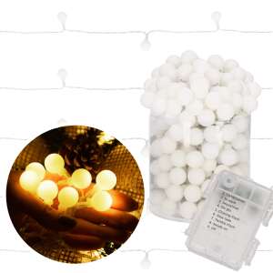 Springos 50 LED meleg fehér gömb alakú fényfüzér elemtartóval és felhasználási példával - Springos