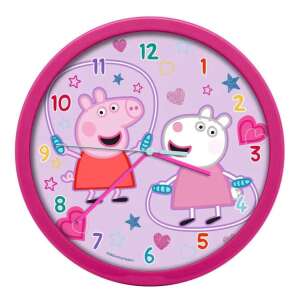 Peppa Pig Wanduhr mit Peppa und ihrer Freundin Suzy Schaf beim Seilspringen, rosa Rahmen, lila Hintergrund mit Sternen und Herzen - Peppa Pig