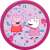 Peppa Pig Wanduhr mit Peppa und ihrer Freundin Suzy Schaf beim Seilspringen, rosa Rahmen, lila Hintergrund mit Sternen und Herzen