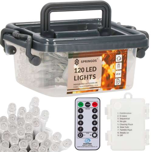 Springos 120 LED lights, indoor and outdoor use, timer, remote control, 8 functions, cold white