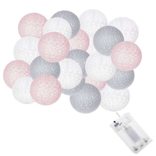 Springos decorative cotton ball lights, 30 LED, pink, white, grey