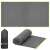 Springos quick-drying towel in gray with green trim, unfolded, rolled up, and with a carrying bag