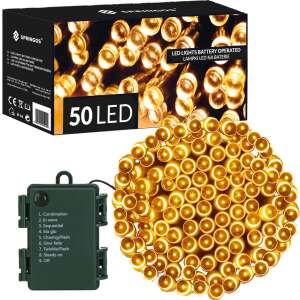 Springos 50 LED battery operated warm white fairy lights with 8 lighting modes, shown in packaging - Springos