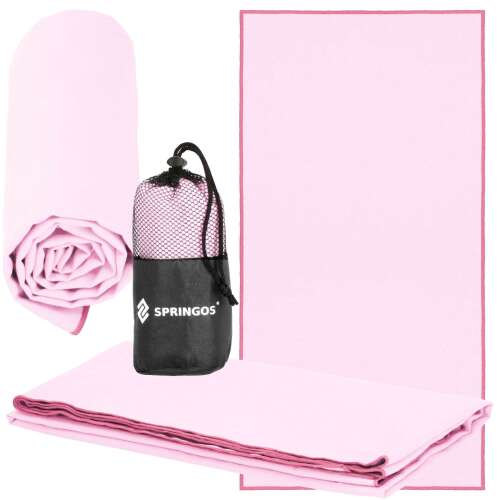 Springos quick-drying towel in pink, with a carrying bag