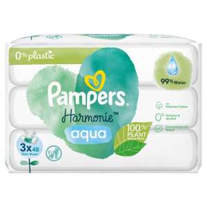 Pampers Harmonie Aqua baby wipes, 3 packs of 48 wipes, 0% plastic, 99% water, premium cotton, dermatologically tested - Wipes