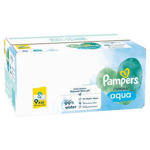 Бебешки мокри кърпички Pampers Harmonie Aqua, 9 пакета по 48, 432 броя