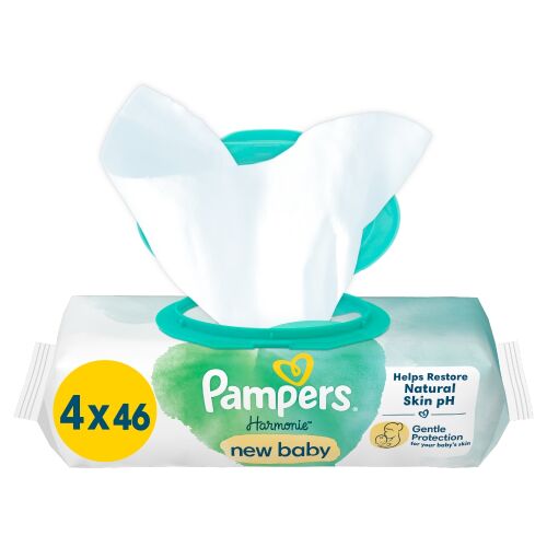 Pampers Harmonie New Baby Chusteczki nawilżane 4x46 sztuk, delikatne i hipoalergiczne dla skóry wrażliwej