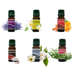Комплект етерични масла Aroma Perfumes - 6 x 10 ml - Лавандула, Ванилия, Балсам, Портокал & Канела, Бял Мускус, Лимонена трева - Етерично масло