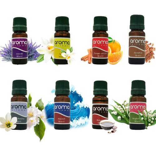 Set of 8 x 10ml essential oil bottles, including lavender, vanilla, balsam, orange and cinnamon, white musk, lemon balm, marine, and sandalwood scents