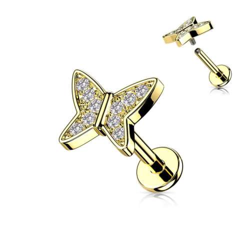 Arany pillangós labret piercing belső menettel, 6mm, tiszta kövekkel - Labret piercing