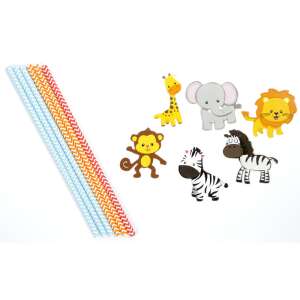 6er Pack Papierstrohhalme mit Tiermotiven, darunter Giraffe, Elefant, Löwe, Affe und Zebra - Strohhalme