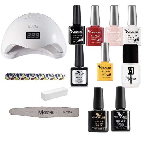 Venalisa Gél lakk kezdő szett UV/LED lámpával, 5 gél lakk, fedő lakk, alap lakk, primer, köröm előkészítő, reszelő, buffer és LED lámpa