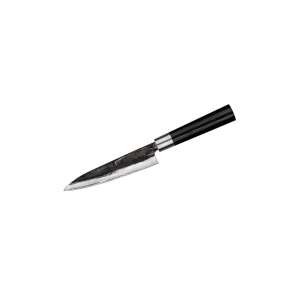 Samura Super 5 universal knife, angled view, black handle, AUS 10 Japanese steel, HRC 60, 16 cm - Kitchen Knife