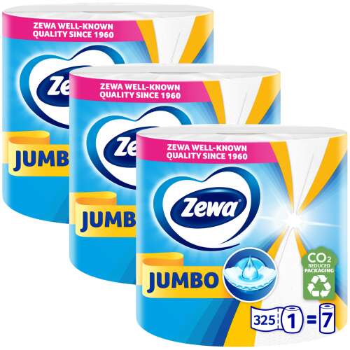 3 опаковки хартиени кърпи Zewa Jumbo, 2 слоя, 325 листа на ролка, екстра абсорбиращи, опаковка с намалени емисии на CO2