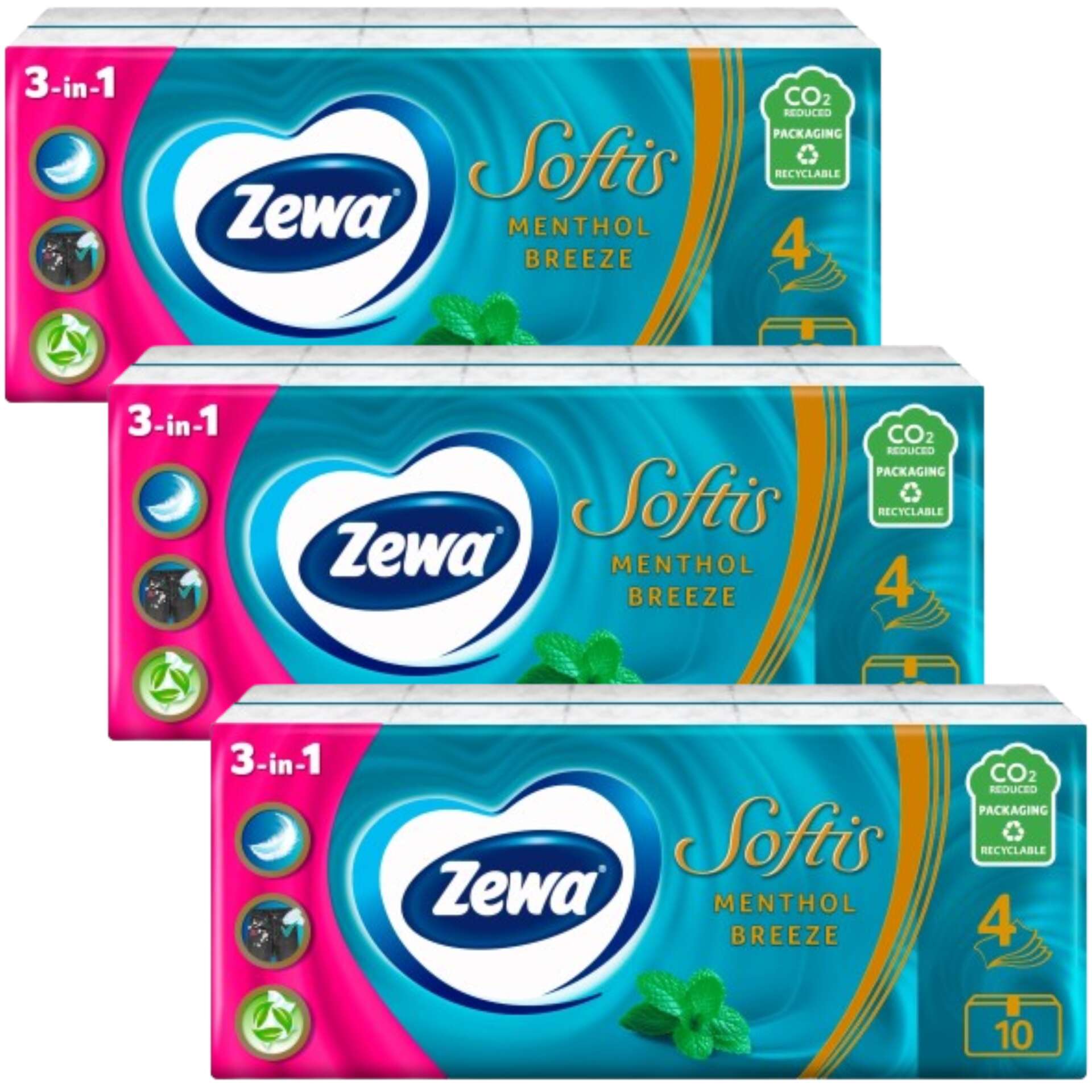 E-shop Zewa Softis 4-vrstvové papierové vreckovky - mentolový vánok 3x90ks