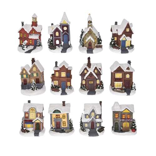 Set of 12 miniature Christmas village houses with lights, perfect for decorating your home or office