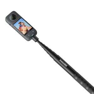 Insta360 Invisible Selfie Stick, 114cm, extended, with action camera attached, showing selfie on screen - Insta360