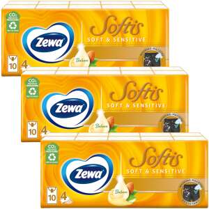 3 опаковки Zewa Softis Soft & Sensitive 4-слойни хартиени кърпички, с бадемово масло и алое вера, без аромат, екстра нежни за чувствителни носове, устойчиви на пране в пералня - Домакински хартиени продукти