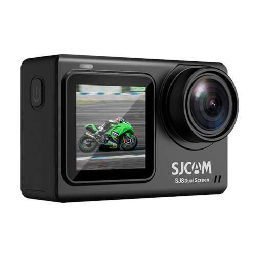 SJCAM SJ8 Dual Screen akciókamera, fekete, elülső nézet, a képernyőn egy motorral