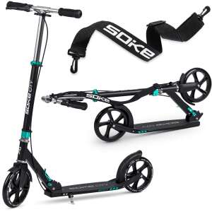 Soke City foldable scooter with double brake system in black and turquoise color, with a carrying strap - Scootering