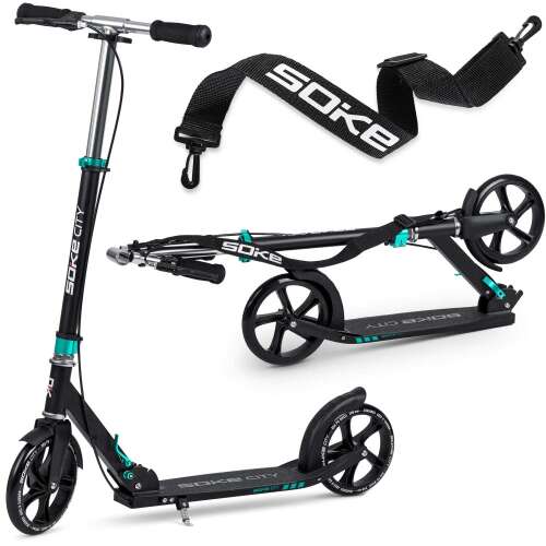 Soke City foldable scooter with double brake system in black and turquoise color, with a carrying strap