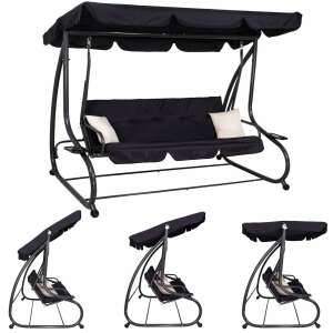 Springos fekete kerti hintaágy dönthető funkcióval és italtartókkal, több nézet - Hintaágy & Hintaszék