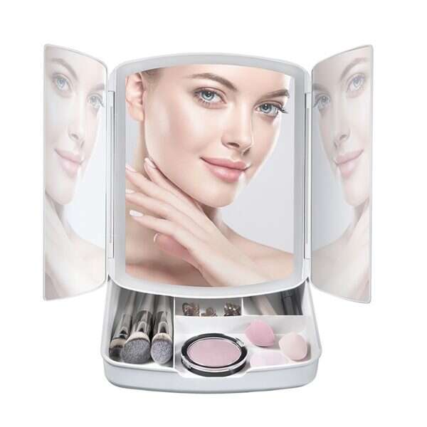 Kinyitható, mozgatható 3 részes smink tükör – nagyítóval, sminktartóval, LED világítással (BBM)