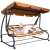 Woman relaxing on Springos 4-person garden swing bed with adjustable canopy - brown-beige striped