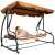 Woman relaxing on Springos 4-person garden swing bed with adjustable canopy - brown-beige striped