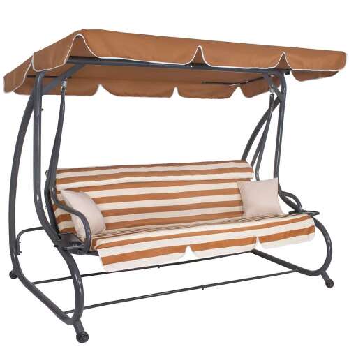 Springos 4-person garden swing bed with adjustable canopy - brown-beige striped