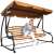 Woman relaxing on Springos 4-person garden swing bed with adjustable canopy - brown-beige striped
