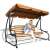 Woman relaxing on Springos 4-person garden swing bed with adjustable canopy - brown-beige striped