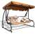 Woman relaxing on Springos 4-person garden swing bed with adjustable canopy - brown-beige striped